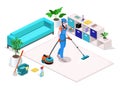 Woman dressed in uniform cleans and vacuums, washes the floor in the home and cleans. Professional cleaning service with equipment