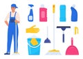 Woman dressed in uniform with mop. Worker of cleaning service. Cleaning tools and detergent. Bucket, scoop, brush, washing powder