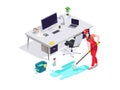 Woman dressed in uniform washes the floor in the office and cleans. Professional cleaning service with equipment and staff.Vector