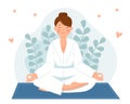 The woman in dressing gown does yoga, meditating. The girl is sitting in the lotus pose. Morning routine. Vector Royalty Free Stock Photo