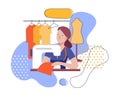 A woman dressmaker at a sewing machine. Flat stylized illustration