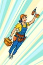 Woman with drill, repair and construction. Superhero flying