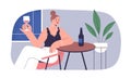 Woman drink alcohol alone, sitting at table with wine bottle at home. Happy lady relax in solitude with wineglass in