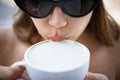 Woman drink coffee from cup. Starting day with good news. americano or espresso latte of girl. perfect morning with best