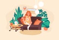Woman drink coffee. Girl resting on sofa alone. Young female holding mug with hot beverage. Cute character sitting on