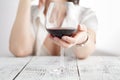 Woman drinking alcohol on white background. Focus on wine glass Royalty Free Stock Photo