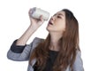 Woman drinking from blank can Royalty Free Stock Photo