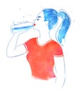 Woman drinking with bottle of pure water