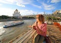 woman drinking cocktail, moscow city Royalty Free Stock Photo