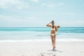 Woman drinking coconut on the tropical beach Royalty Free Stock Photo