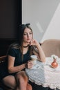 Woman drinking coffee in the morning at restaurant soft focus. Smiling pretty girl with cup of cappuccino. lady enjoy Royalty Free Stock Photo