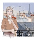 Woman drinking coffee over aerial panoramic cityscape view of Paris