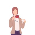 Woman Drinking Coffee or Tea, Female Character Holding Tea Cup and Croissant Flat Vector Illustration