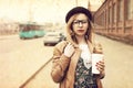 Woman drinking coffee. Vintage