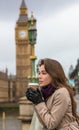 Woman Drinking Coffee on Westminster Bridge, Big Ben, London, En Royalty Free Stock Photo