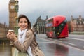 Woman Drinking Coffee on Westminster Bridge, Big Ben, London, En Royalty Free Stock Photo