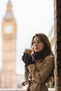 Woman Drinking Coffee by Westminster Bridge, Big Ben, London, En Royalty Free Stock Photo