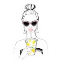 Woman drinking a lemon milkshake illustration, wearing pink vintage cat eye sunglasses. Artwork / drawing, summer Royalty Free Stock Photo