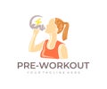 Woman drinking nutritional supplement or energy drink before workout, logo design. Food, healthy lifestyle, workout, sport and fit