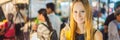 Woman drinking sugar cane juice on the Asian market BANNER, LONG FORMAT Royalty Free Stock Photo