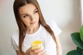 Woman Drinking Summer Refreshing Fruit Flavored Infused Water With Fresh Organic Lemon Royalty Free Stock Photo