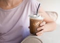 Woman drinking tasty cold coffee, closeup Royalty Free Stock Photo