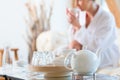 Woman drinking tea in wellness spa