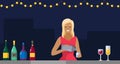 Outdoor bar at night. Girl with shaker pouring cocktail. Woman with drinks is working in bar Royalty Free Stock Photo