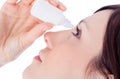 Woman dripping eye with eyes drops