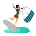 Woman drive at kite surfing. Back view