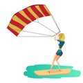 Woman drive at kite surfing. Back view