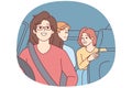 Woman drives car with teenage children in passenger seat, giving them ride to school. Vector image Royalty Free Stock Photo