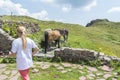 Woman drives her mountain horses at Eho hut. The horses serve to transport supplies from and to the hut