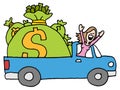 Woman driving away with runaway savings money bag
