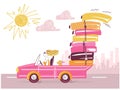 Woman driving car. Glamour blond woman with Luggage bags driving pink cabriolet to summer vacation vector Illustration art backgro