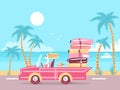 Woman driving car to sun beach. Glamour blond woman with Luggage bags driving pink cabriolet to summer vacation. Vector Illustrati