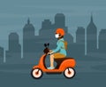 Woman driving electric scooter in city smog wearing protection mask Royalty Free Stock Photo