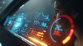 Woman driving futuristic car with advanced hud interface and digital display dashboard technology system Royalty Free Stock Photo