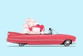 Woman driving a pink cabriolet car with shopping bags at backseats. Happy girl at shopping. Cartoon styled vector illustration Royalty Free Stock Photo