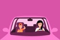 Woman driving pink car illustration. Mother and son sitting at front seats of automobile, family road trip. Young boy