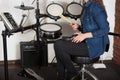 Woman drummer practicing at home Royalty Free Stock Photo