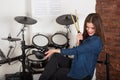 Woman drummer practicing at home Royalty Free Stock Photo