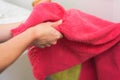 Woman drying hands with towel Royalty Free Stock Photo