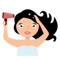 Woman drying her hair with hairdryer. Vector cartoon illustration.