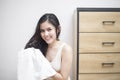 A woman is drying her hair with a towel after showering Royalty Free Stock Photo