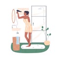 Woman drying wet hair with blowing hairdryer in front of mirror in bathroom. Happy female in towel, using dryer after Royalty Free Stock Photo