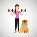 Woman dumbbell exercising healthy food bag