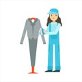 Woman Dusting The Suit With Brush, Cleaning Service Professional Cleaner In Uniform Cleaning In The Household