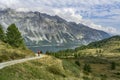 Woman with e mountainbike in the Engadin, Switzerland