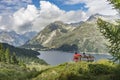 Woman with e mountainbike in the Engadin, Switzerland